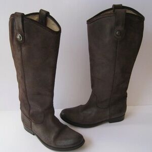 Frye Melissa Logo Distressed Western Boho Brown Leather Tall Riding Boots